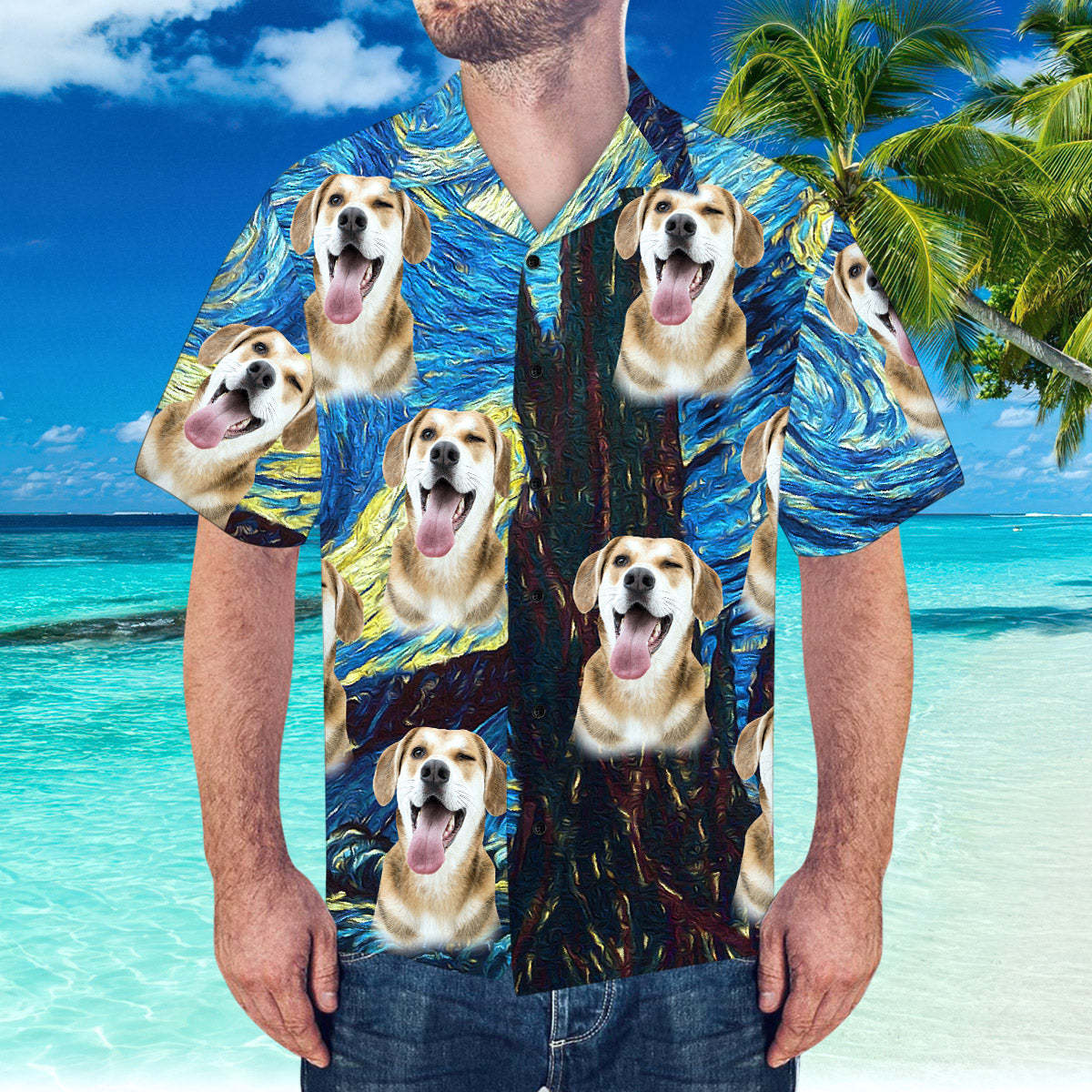 Custom Hawaiian Shirt with Girlfriend Face Starry Night Pattern Shirt - MyFaceSocksUK