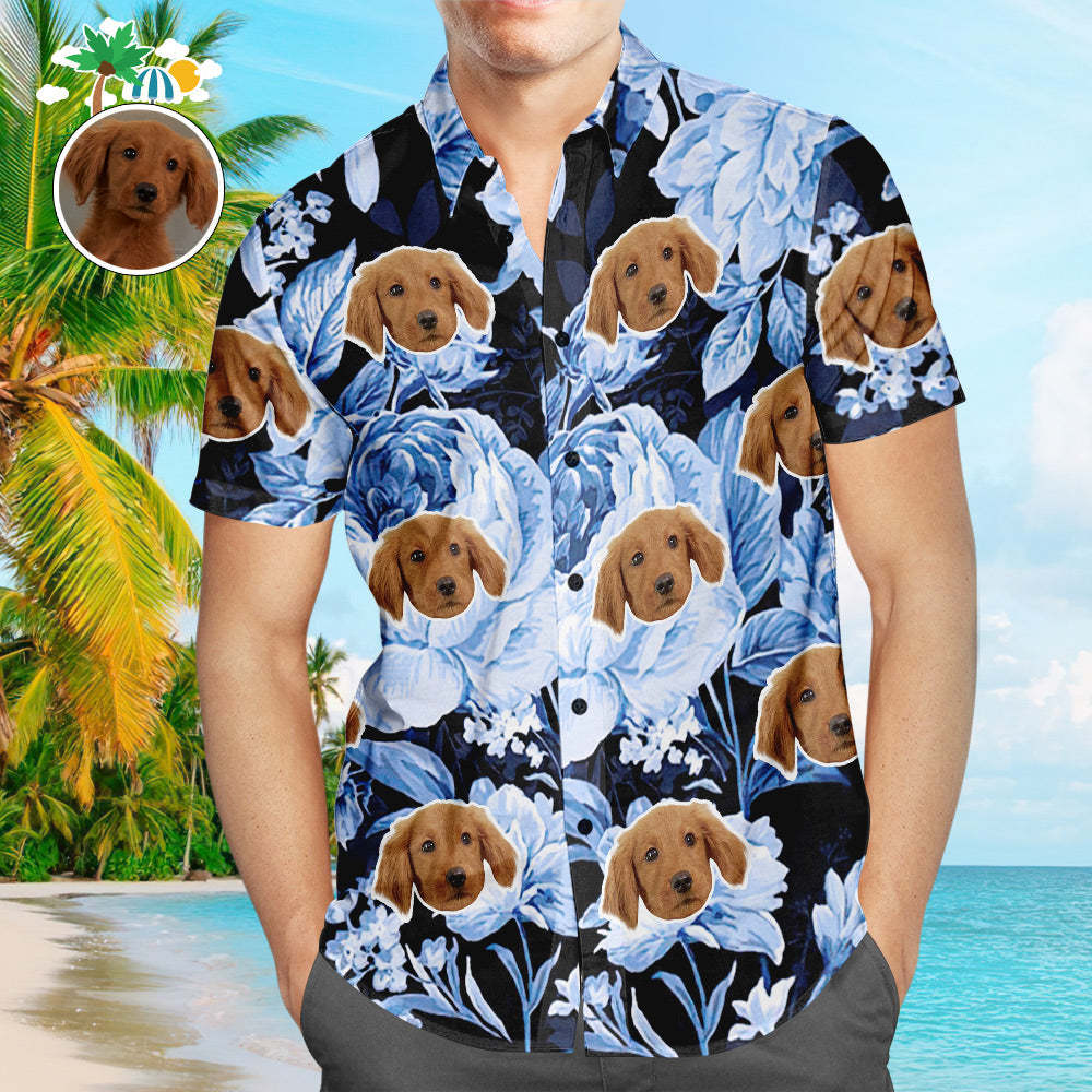 Custom Face Hawaiian Shirt Tropical Blue Retro Flower Men's Popular All Over Print Hawaiian Beach Shirt Holiday Gift - MyFaceSocksUK
