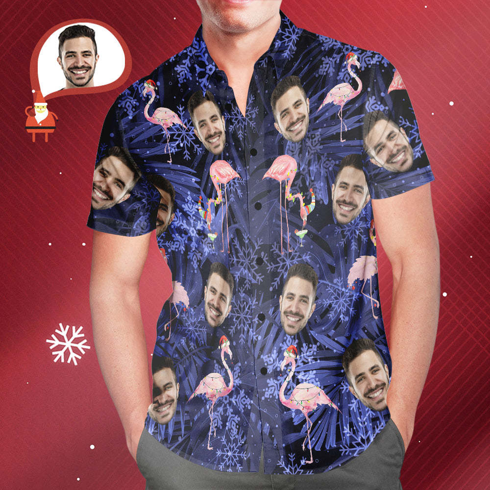 Custom Face Hawaiian Shirts Personalised Photo Flamingo On Christmas Shirt For Men - MyFaceSocksUK