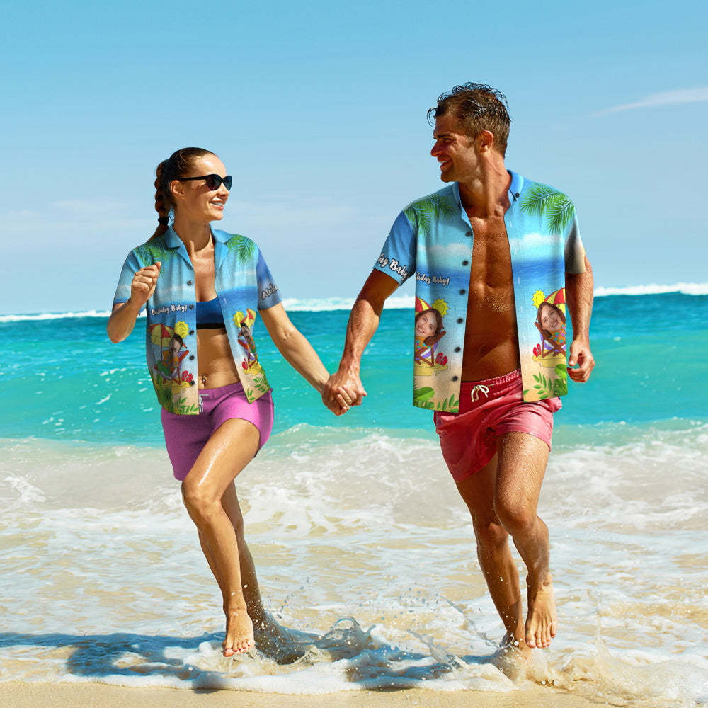 Custom Photo Hawaiian Shirt Couple Wears Personalised Face Hawaiian Shirt Birthday Baby - MyFaceSocksUK