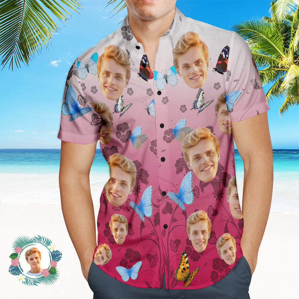 Custom Photo Hawaiian Shirt Beach Vacation Men's Popular All Over Print Hawaiian Beach Shirt Holiday Gift Butterfly - MyFaceSocksUK