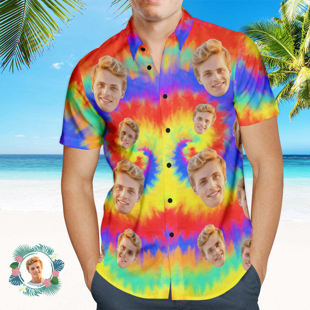 Custom Tie Dye Photo Hawaiian Shirt Beach Vacation Men's Popular All Over Print Hawaiian Beach Shirt Holiday Gift - MyFaceSocksUK