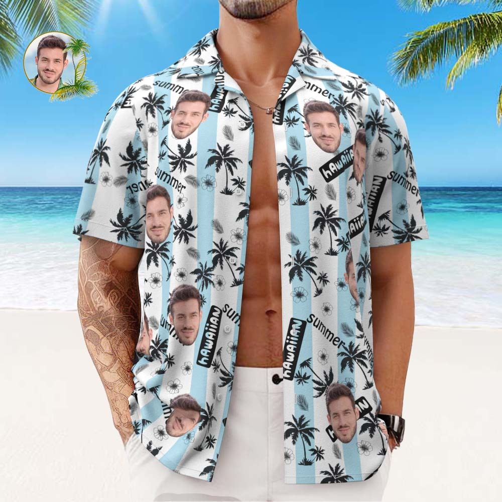 Custom Face Hawaiian Shirt Men's All Over Print Aloha Shirt Gift - Blue and White Striped - MyFaceSocksUK