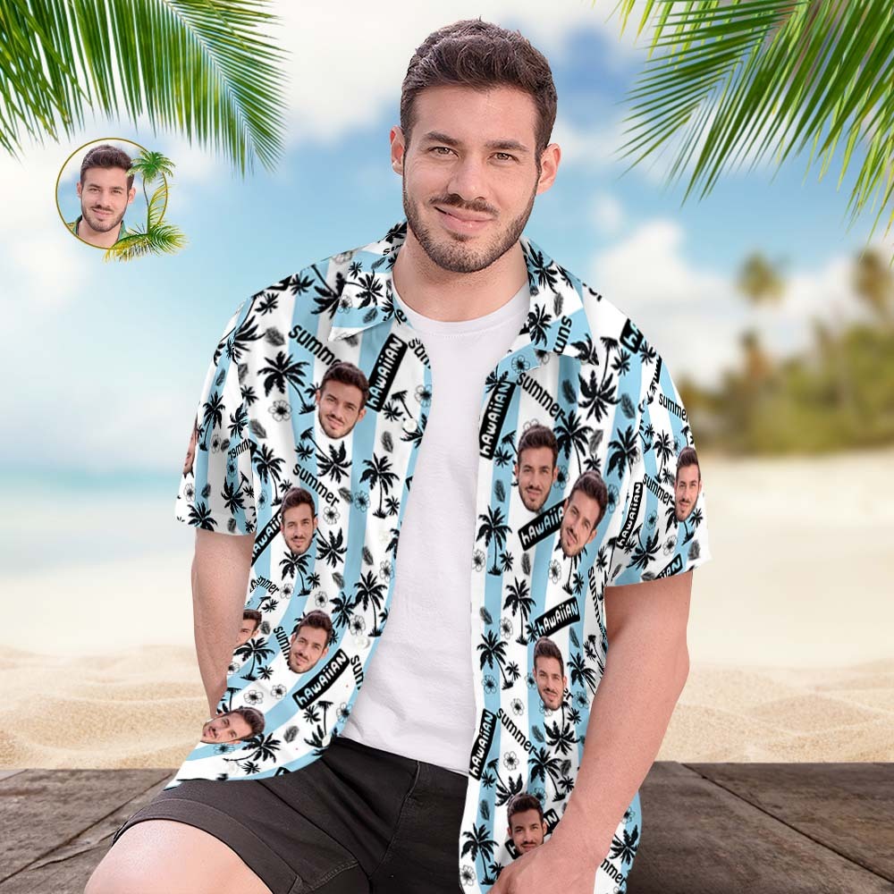 Custom Face Hawaiian Shirt Men's All Over Print Aloha Shirt Gift - Blue and White Striped - MyFaceSocksUK