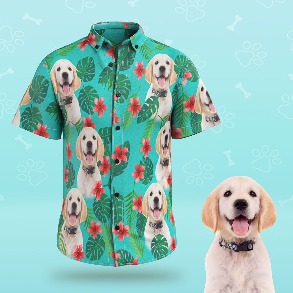 Custom Face Men Hawaiian Shirts Personalised Dog Face on a Hawaiian Shirt for Pet Lover - Green - MyFaceSocksUK