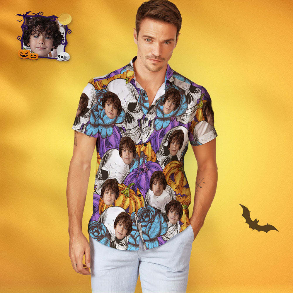 Men's Custom Face Funny Pumpkin & Skull Print Personalized Halloween Hawaiian Shirt - MyFaceSocksUK