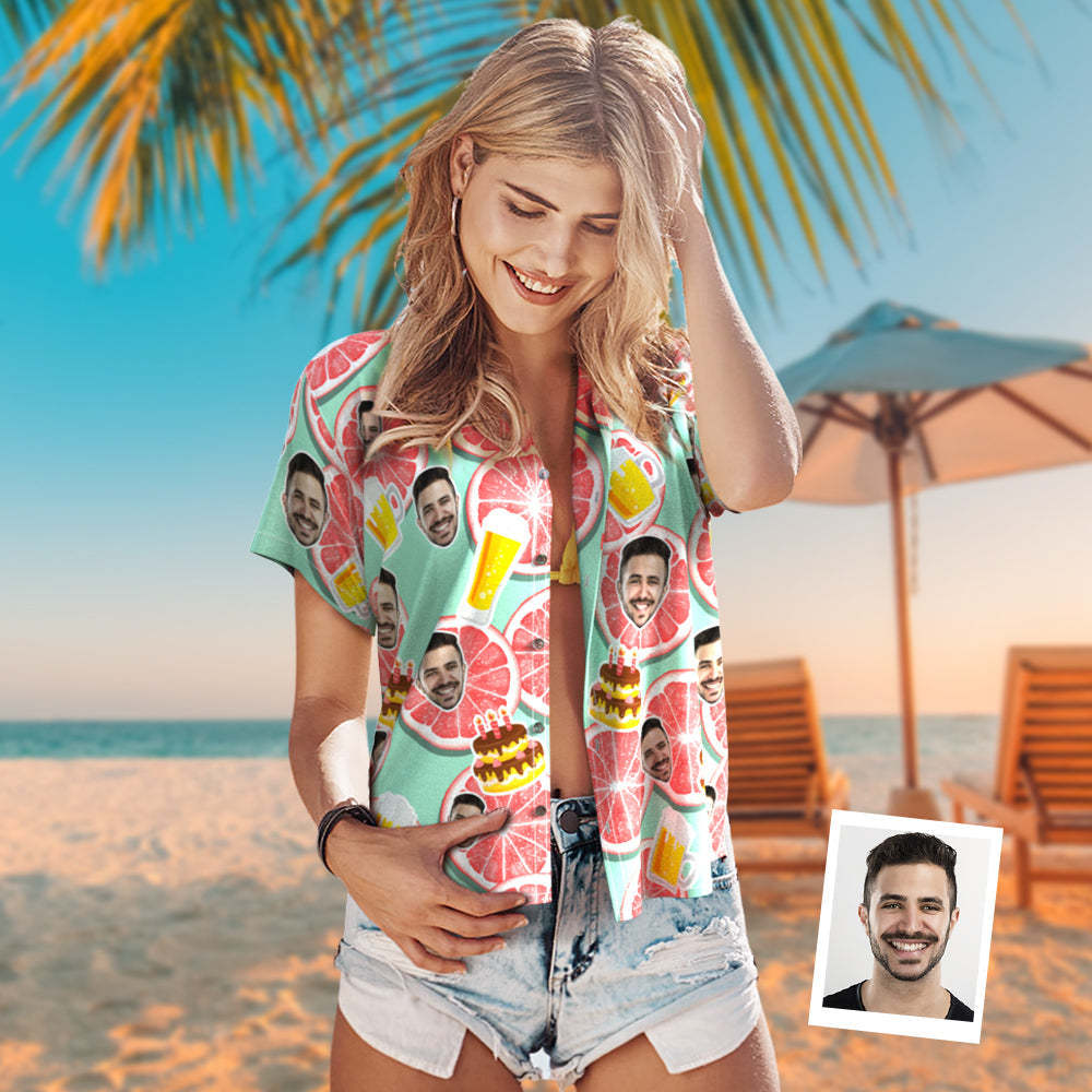 Custom Face Hawaiian Shirt Personalised Women's Photo Shirt Groovy Grapefruit - MyFaceSocksUK