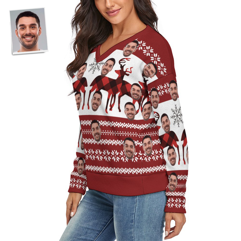 Custom Face Women V-Neck Christmas Sweater Christmas Elk Spandex Comfortable - MyFaceSocksUK