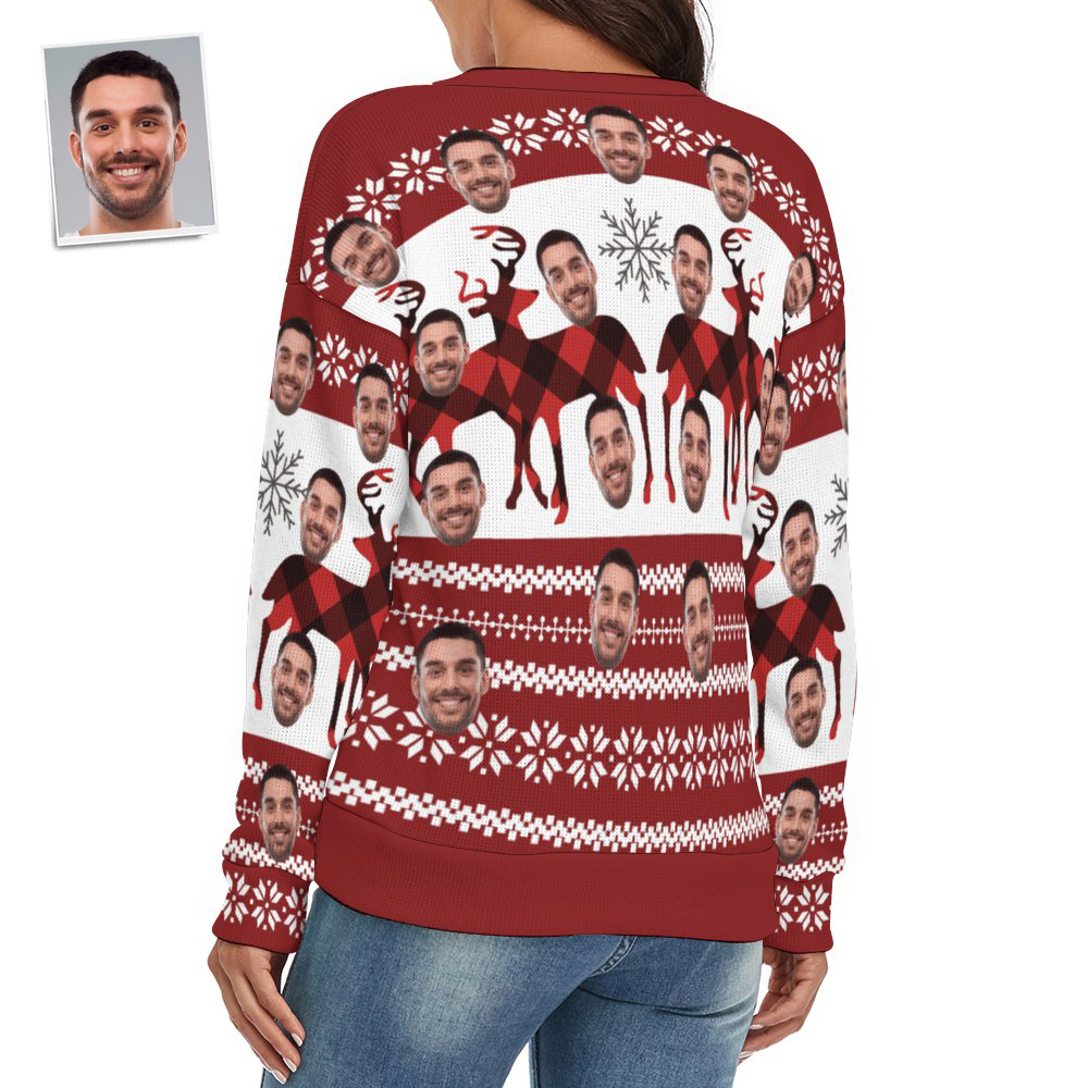 Custom Face Women V-Neck Christmas Sweater Christmas Elk Spandex Comfortable - MyFaceSocksUK