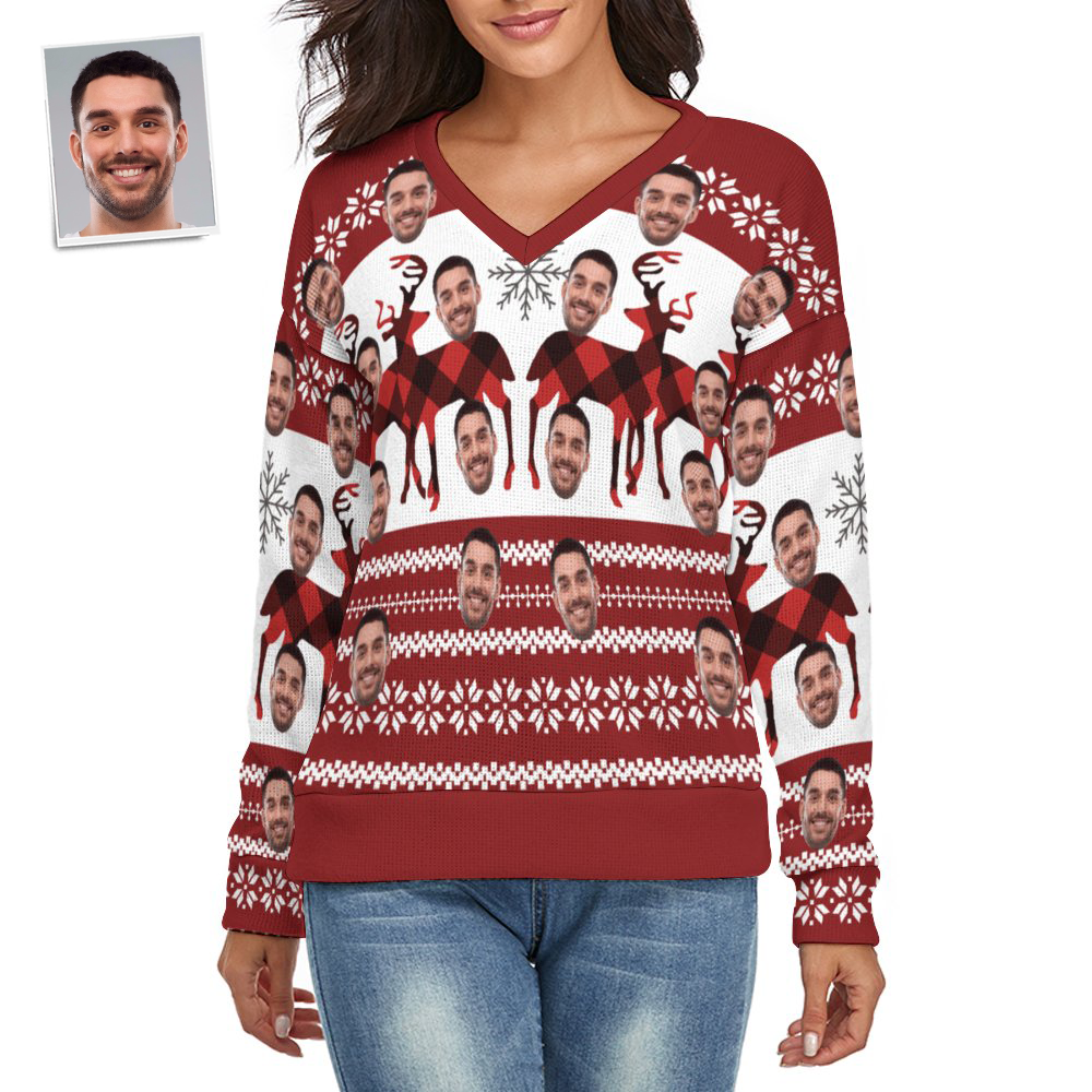Custom Face Women V-Neck Christmas Sweater Christmas Elk Spandex Comfortable - MyFaceSocksUK