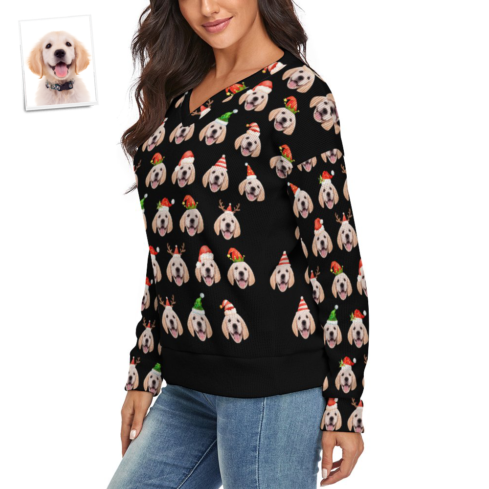 Custom Face Women V-Neck Christmas Pet Theme Sweater Spandex Comfortable - MyFaceSocksUK