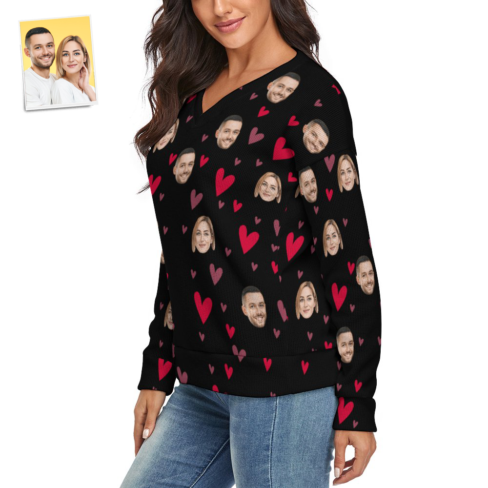 Custom Face Women V-Neck Sweater With Little Heart Couple Theme Spandex Comfortable - MyFaceSocksUK
