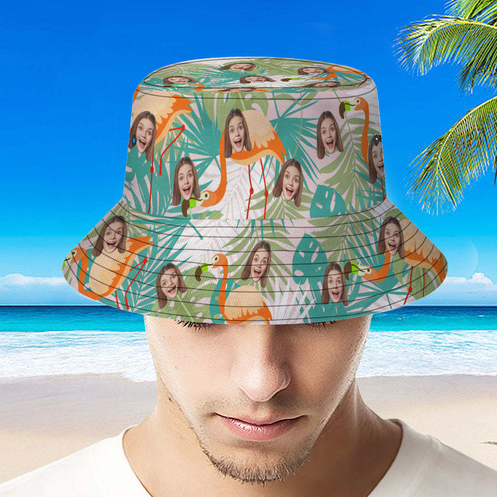 Custom Bucket Hat Unisex Face Bucket Hat Summer Outdoor Flamingos and Leaves Bucket Hat - MyFaceSocksUK