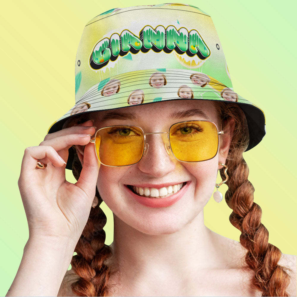 Custom Bucket Hat Unisex Face Bucket Hats Personalised Photo and Name Summer Green Hats - MyFaceSocksUK