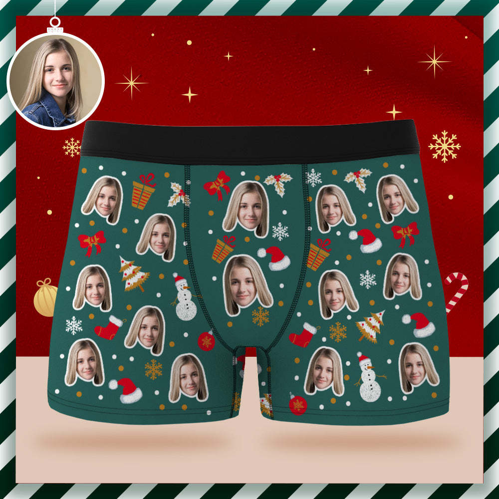 Custom Face Boxer Briefs Personalised Green Underwear Merry Christmas Gift for Him - MyFaceSocksUK