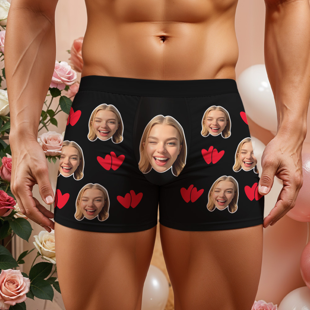 Personalized Valentine Face Men's Boxer Underwear Face Double Heart Boxer Gift Custom Photo Funny Men's Boxer Briefs  Gift - MyFaceSocksUK