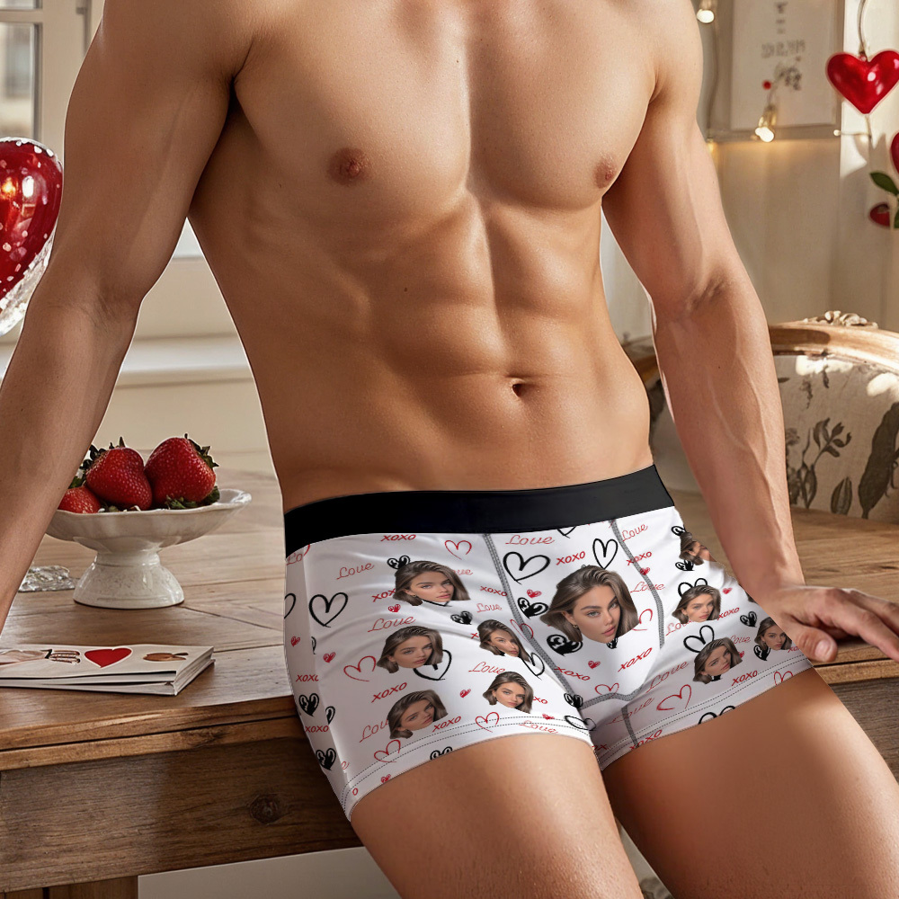 Custom Face and XOXO Heart Pattern Men's Underwear Romantic Custom Gift - MyFaceSocksUK