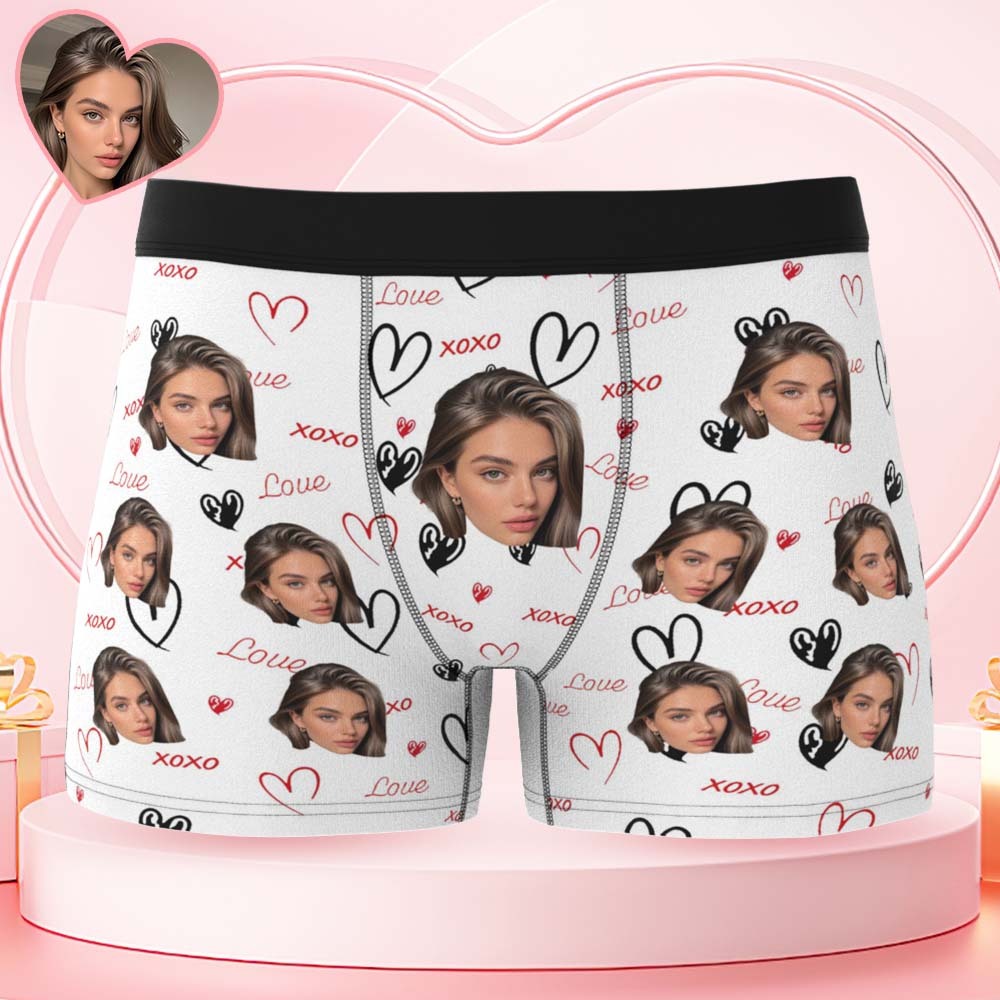 Custom Face and XOXO Heart Pattern Men's Underwear Romantic Custom Gift - MyFaceSocksUK