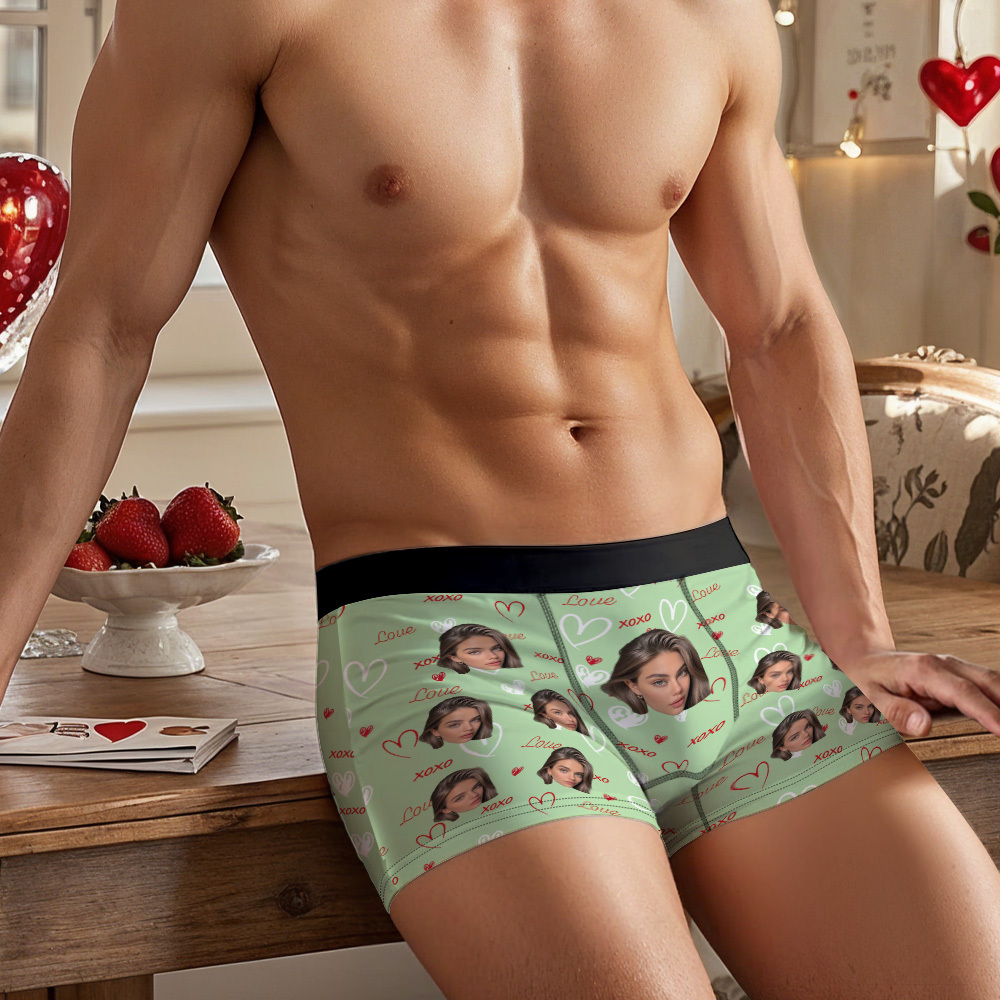 Custom Face and XOXO Heart Pattern Men's Underwear Romantic Custom Gift - MyFaceSocksUK