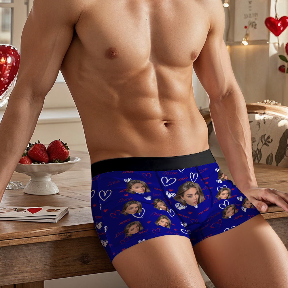 Custom Face and XOXO Heart Pattern Men's Underwear Romantic Custom Gift - MyFaceSocksUK