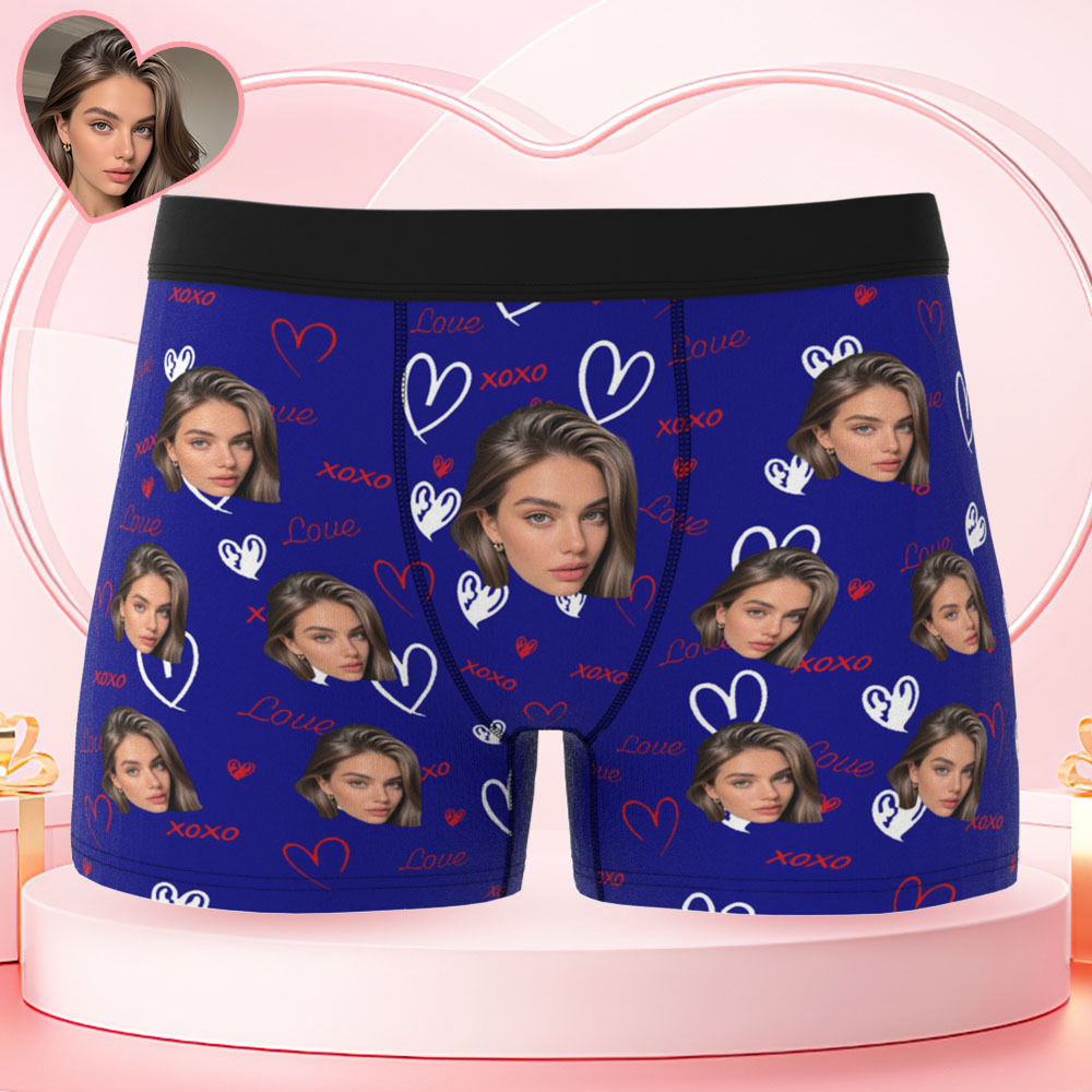 Custom Face and XOXO Heart Pattern Men's Underwear Romantic Custom Gift - MyFaceSocksUK