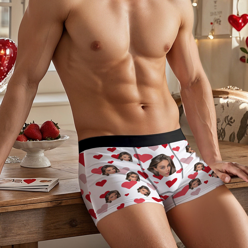 Custom Face Heart Pattern Men's Boxer Briefs Unique Gift for Him - MyFaceSocksUK
