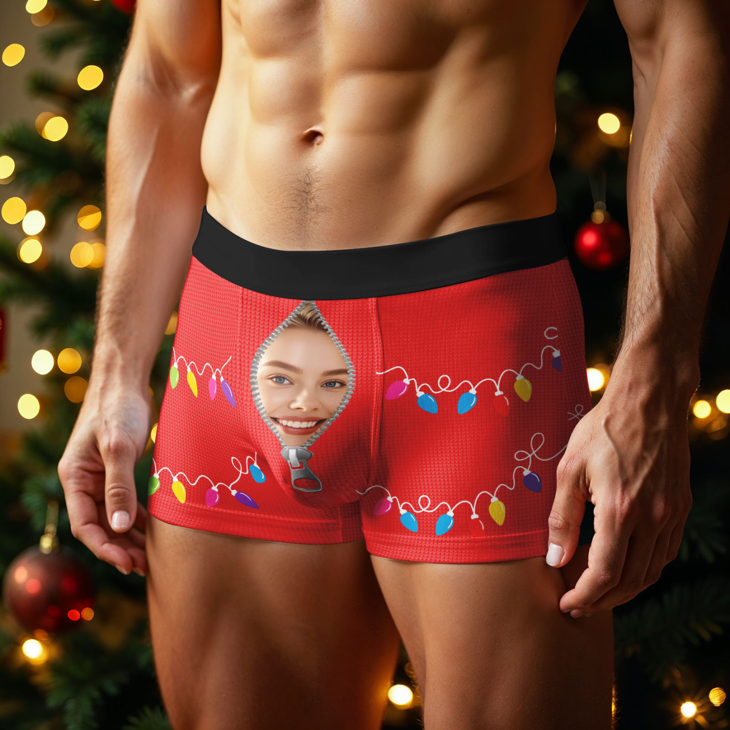 Custom Face Men's Boxer Underwear Santa Gift Christmas Lights Personalized Photo Funny Men's Boxer Briefs Christmas Valentine Christmas Gift - MyFaceSocksUK