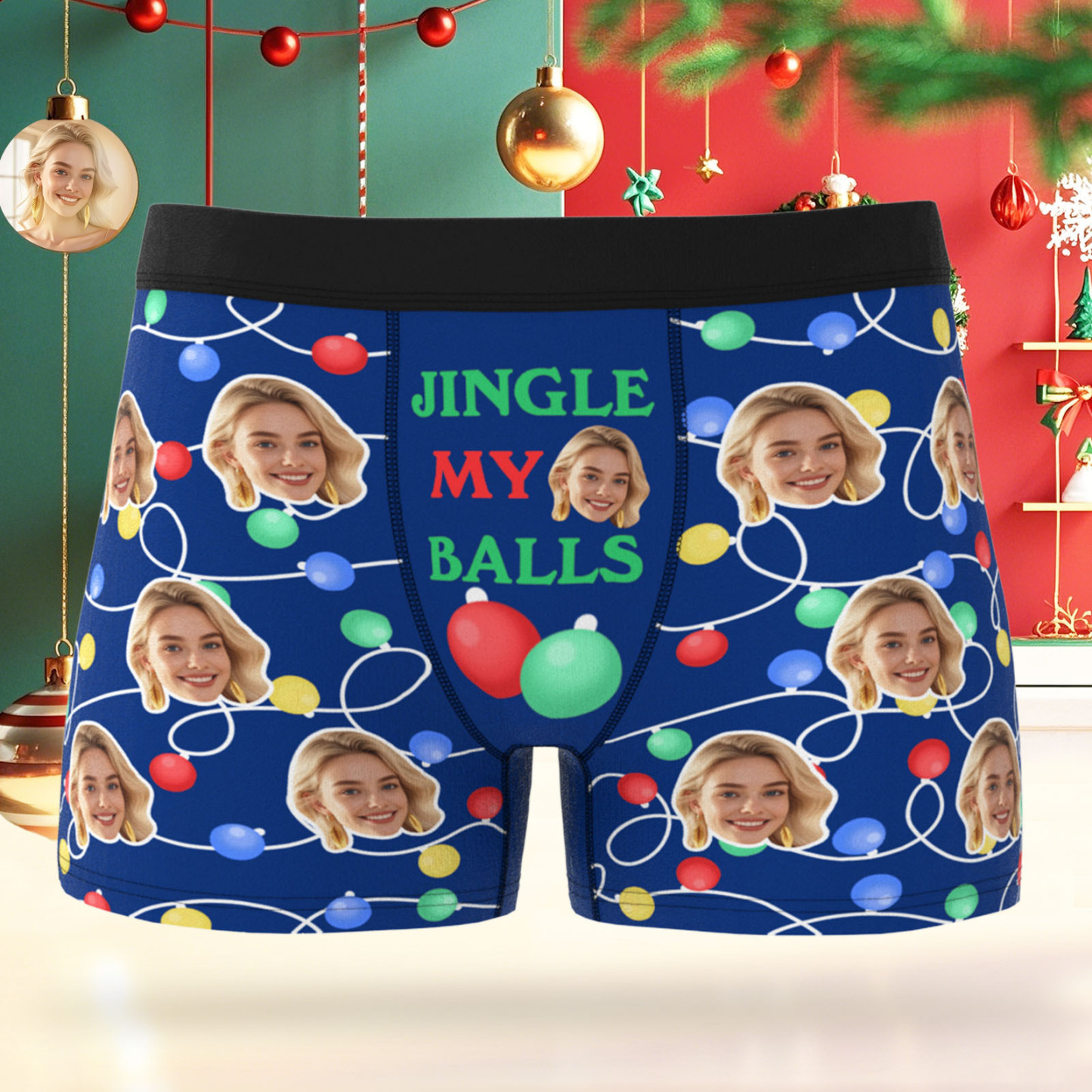 Custom Face Men's Boxer Underwear Christmas Light Santa Gift JINGLE MY BALLS Underwear Personalized Photo Funny Men's Boxer Briefs Christmas Valentine Gift - MyFaceSocksUK