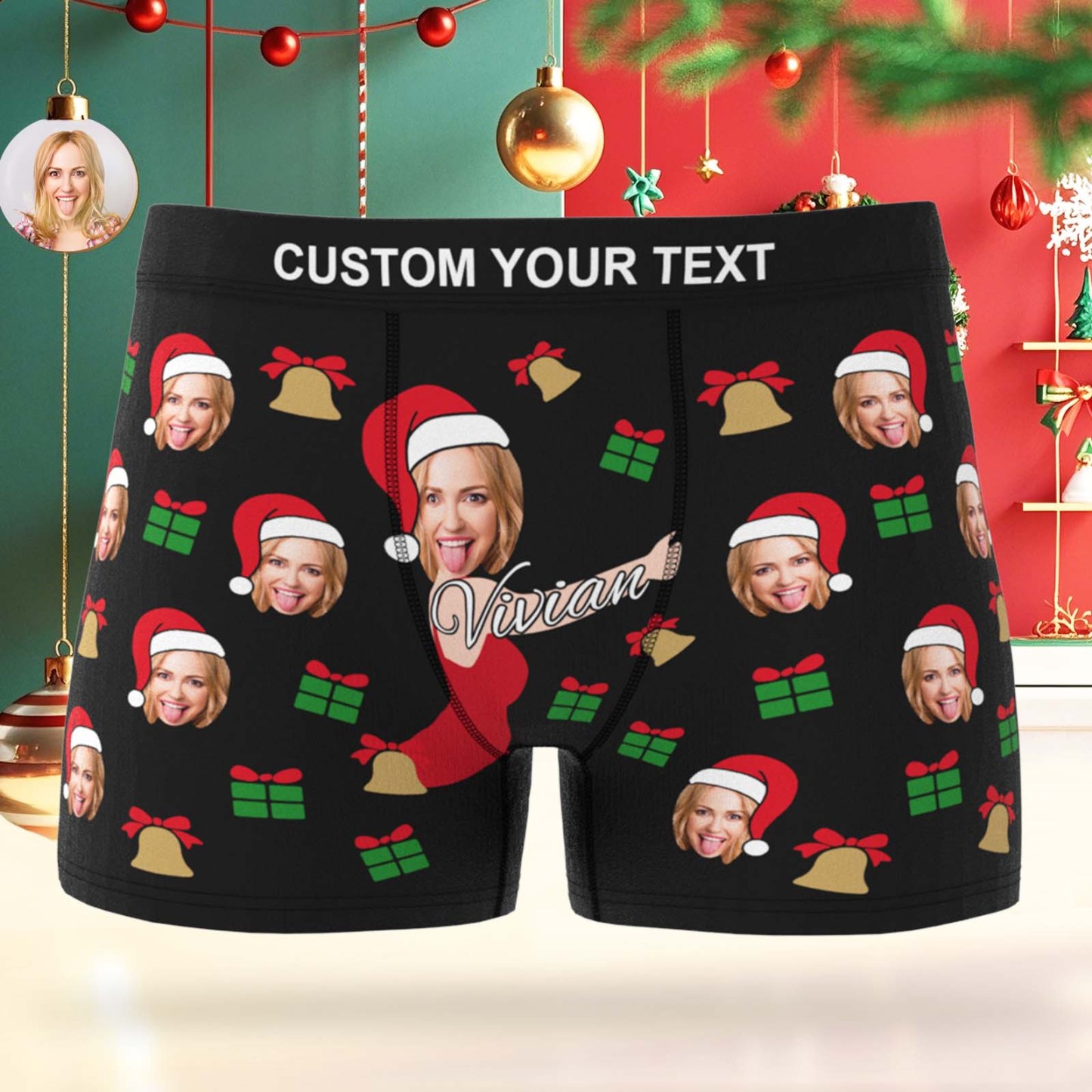 Custom Face Men's Boxer Underwear Snowflake Bells Boxer Personalized Photo Funny Men's Boxer Briefs Christmas Gift - MyFaceSocksUK