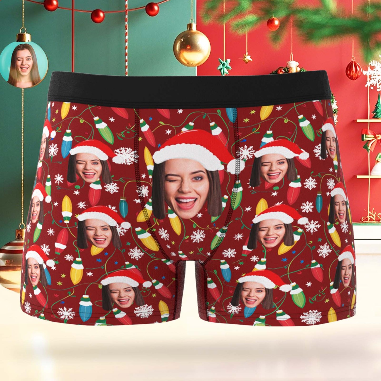 Custom Face Men's Boxer Underwear Snowflake Bells Boxer Personalized Photo Funny Men's Boxer Briefs Christmas Gift - MyFaceSocksUK
