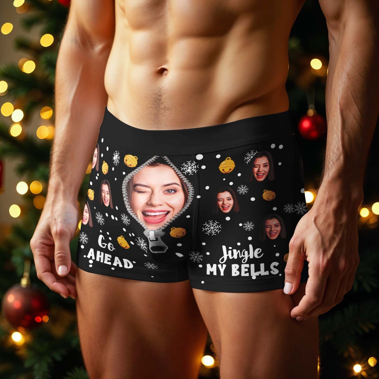Custom Face Men's Boxer Underwear Snowflake Bells Boxer Personalized Photo Funny Men's Boxer Briefs Christmas Gift - MyFaceSocksUK