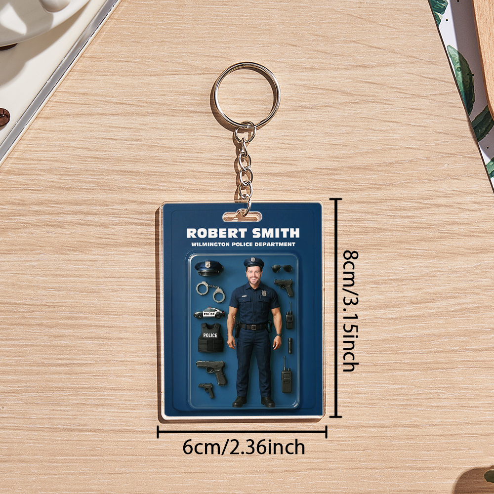 Custom 3D Effect Action Figure Customizable Head Packaging Toy Box Style Art Gift Personalized 2D Printing Acrylic Keychain Gift for Police Officers - MyFaceSocksUK