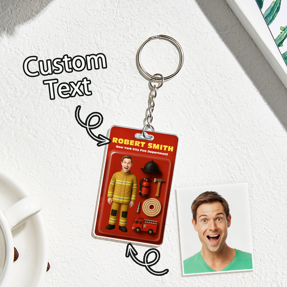 Custom 3D Effect Action Figure Customizable Head Packaging Toy Box Style Art Gift Personalized 2D Printing Acrylic Keychain Gift for Firefighter