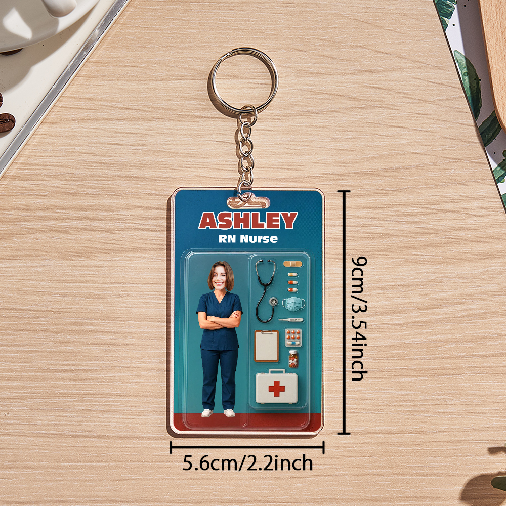 Custom 3D Effect Action Figure Customizable Head Packaging Toy Box Style Art Gift Personalized 2D Printing Acrylic Keychain Nurses Day Gift for Nurse - MyFaceSocksUK