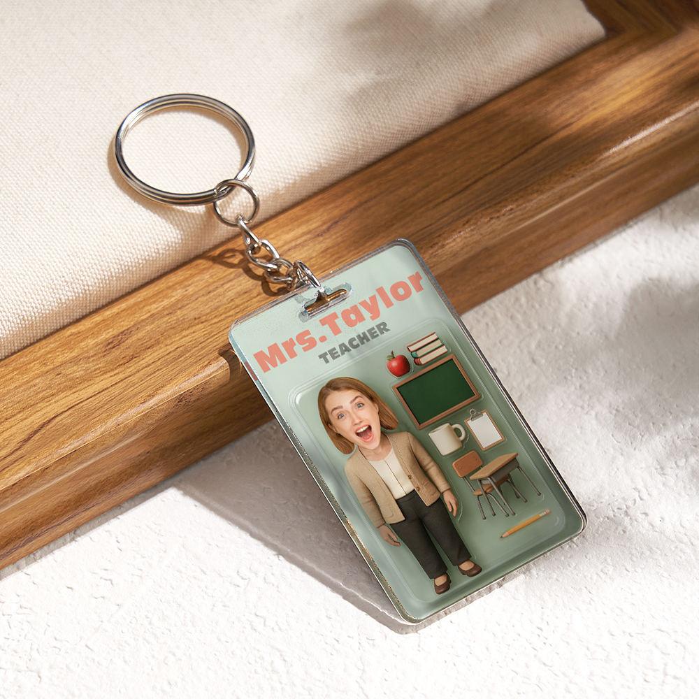 Custom 3D Effect Action Figure Customizable Head Packaging Toy Box Style Art Gift Personalized 2D Printing Acrylic Keychain Creative Gift for Teacher - MyFaceSocksUK