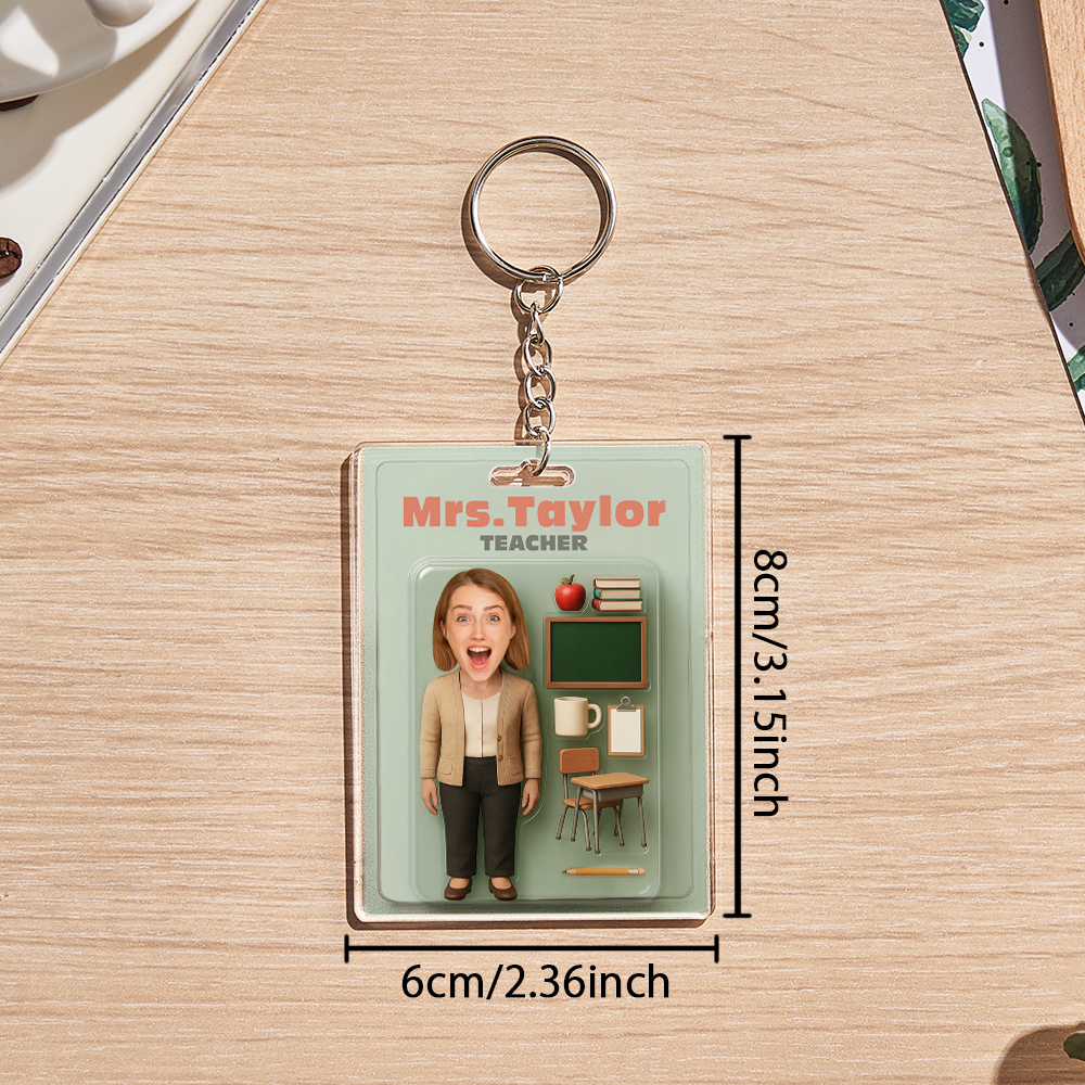 Custom 3D Effect Action Figure Customizable Head Packaging Toy Box Style Art Gift Personalized 2D Printing Acrylic Keychain Creative Gift for Teacher - MyFaceSocksUK