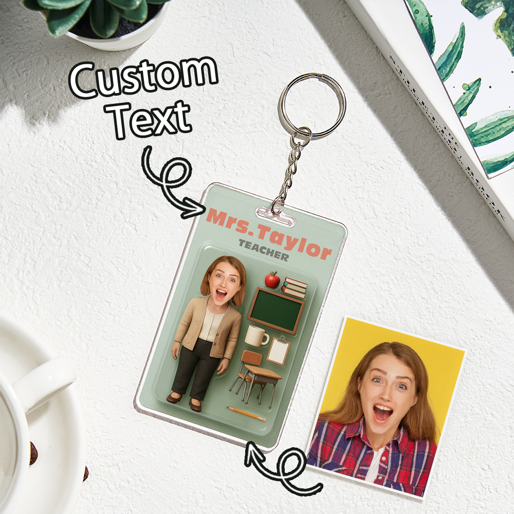 Custom 3D Effect Action Figure Customizable Head Packaging Toy Box Style Art Gift Personalized 2D Printing Acrylic Keychain Creative Gift for Teacher - MyFaceSocksUK