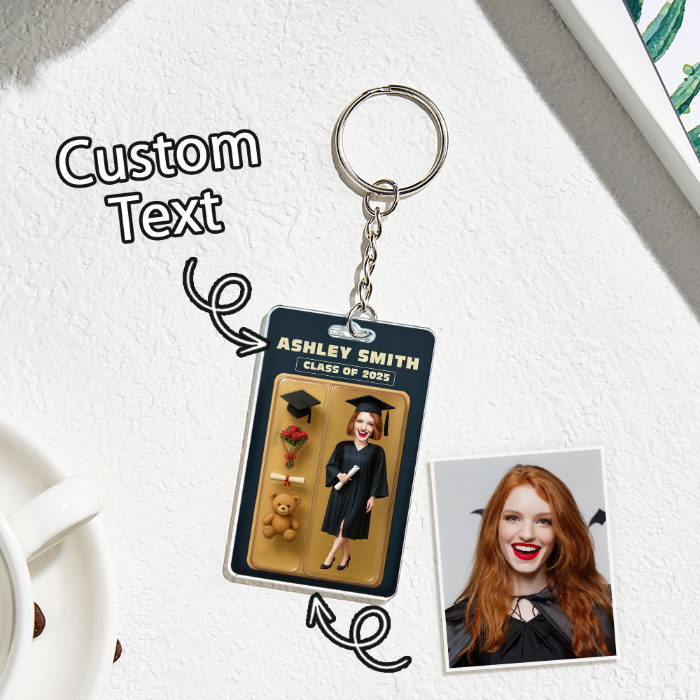 Custom 3D Effect Action Figure Customizable Head Packaging Toy Box Style Art Gift Personalized 2D Printing Acrylic Keychain Graduation Gift for Friend