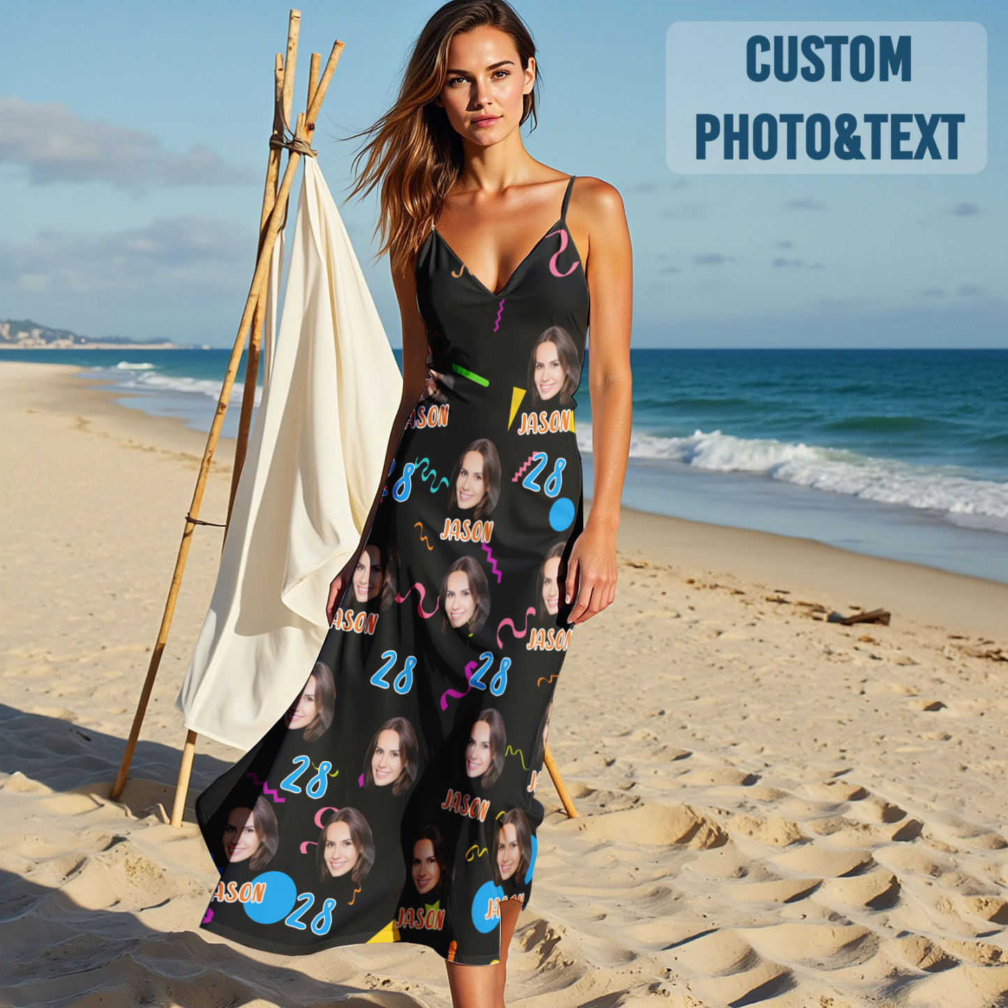 Custom Face Sling Hawaiian Style Long Dress Colorful Birthday Black Dress Happy Birthday Gift - MyFaceSocksUK