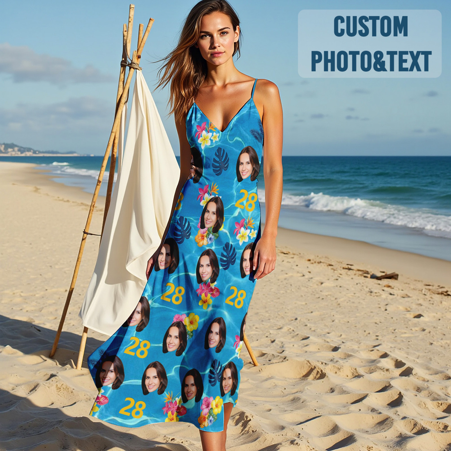 Custom Face Sling Hawaiian Style Long Dress Colorful Birthday Black Dress Happy Birthday Gift - MyFaceSocksUK