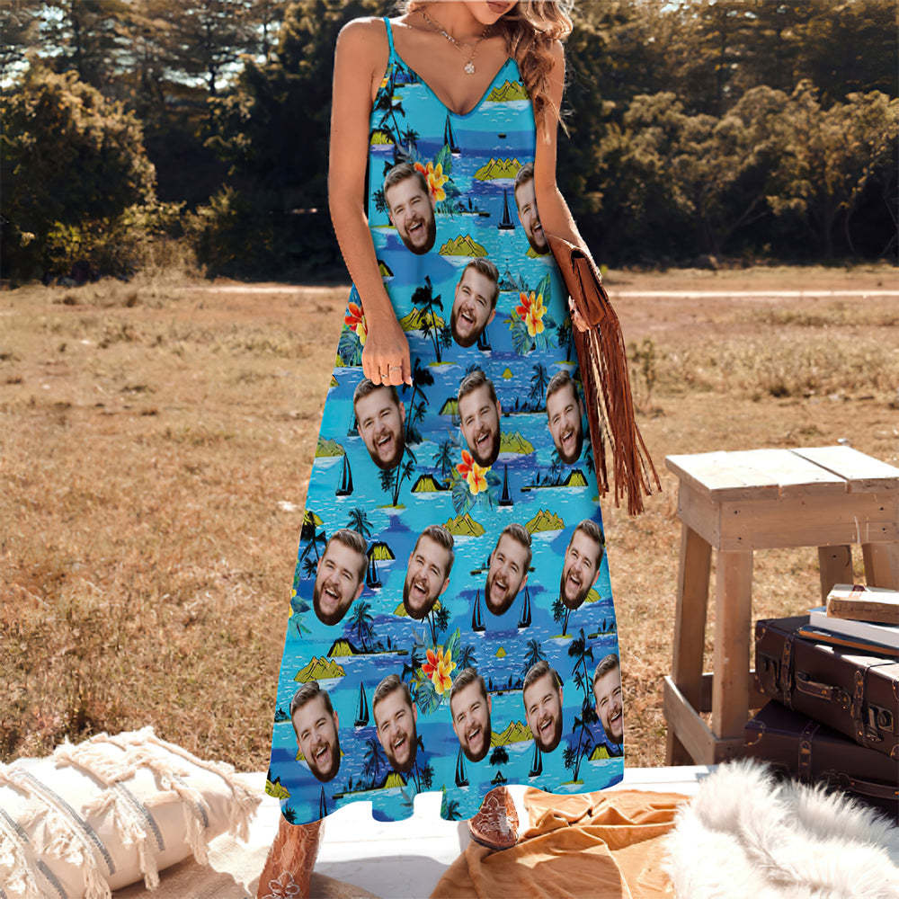 Custom Face Hawaiian Style Vice City Large Leaves Long Dress And Shirt Family Matching - MyFaceSocks