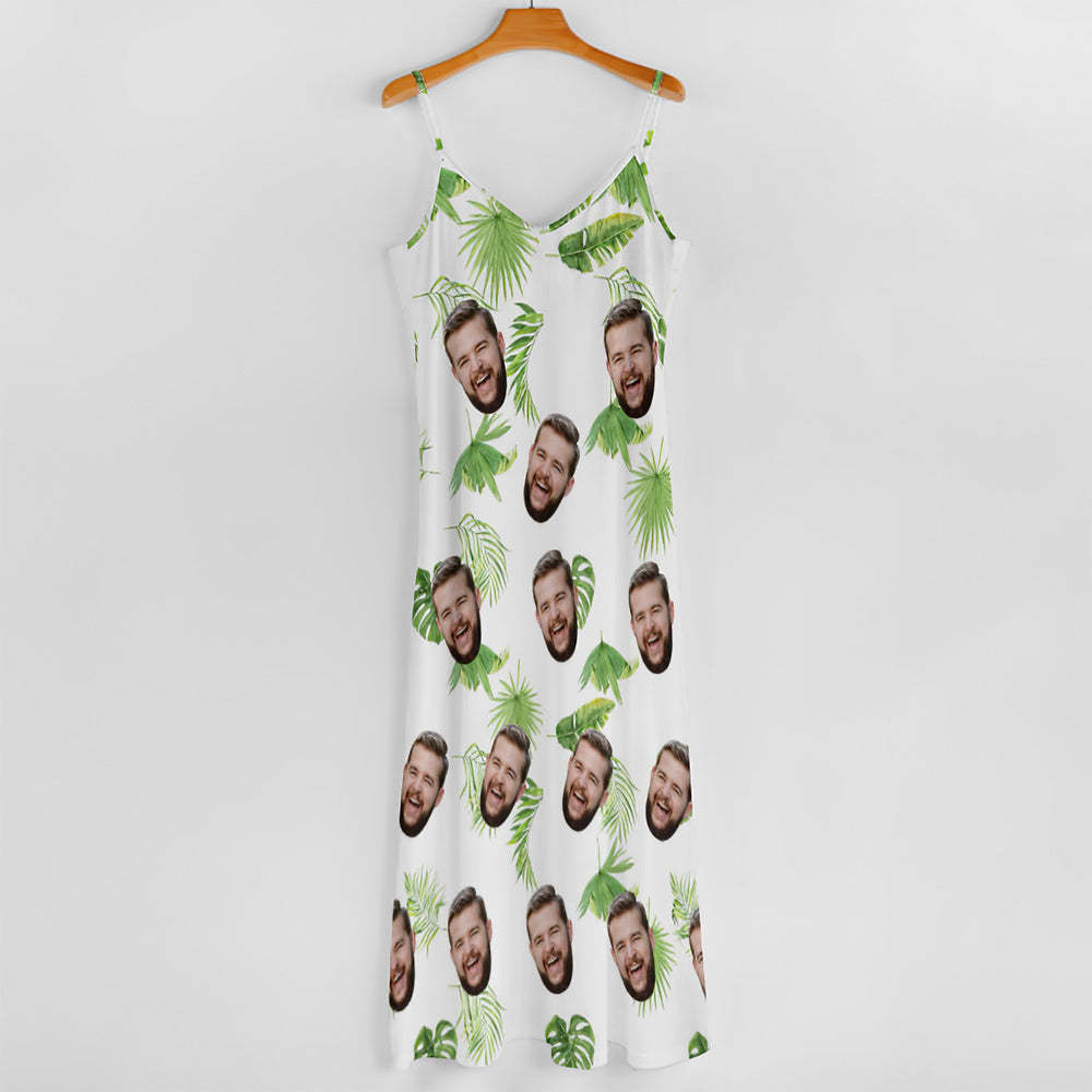 Custom Face Hawaiian Style Fresh Palm Leaves Long Dress And Shirt Couple Outfit - MyFaceSocks