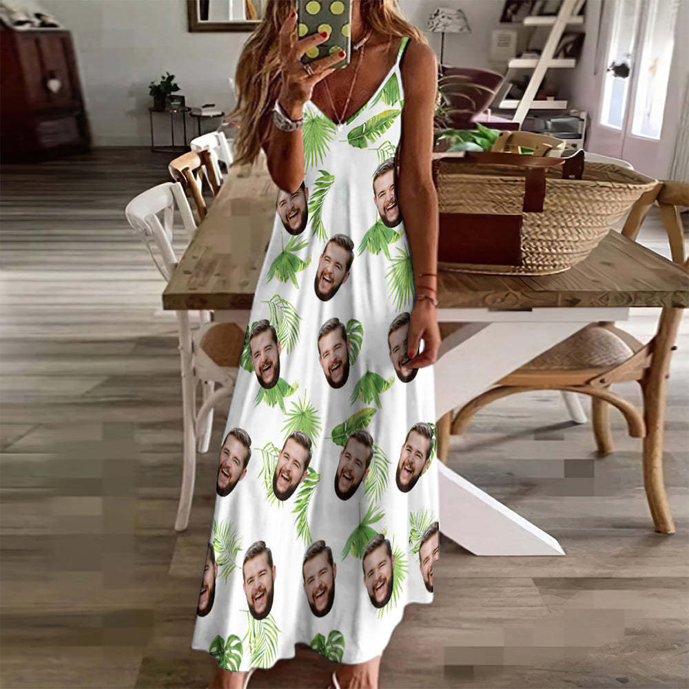 Custom Face Hawaiian Style Fresh Palm Leaves Long Dress And Shirt Couple Outfit - MyFaceSocks