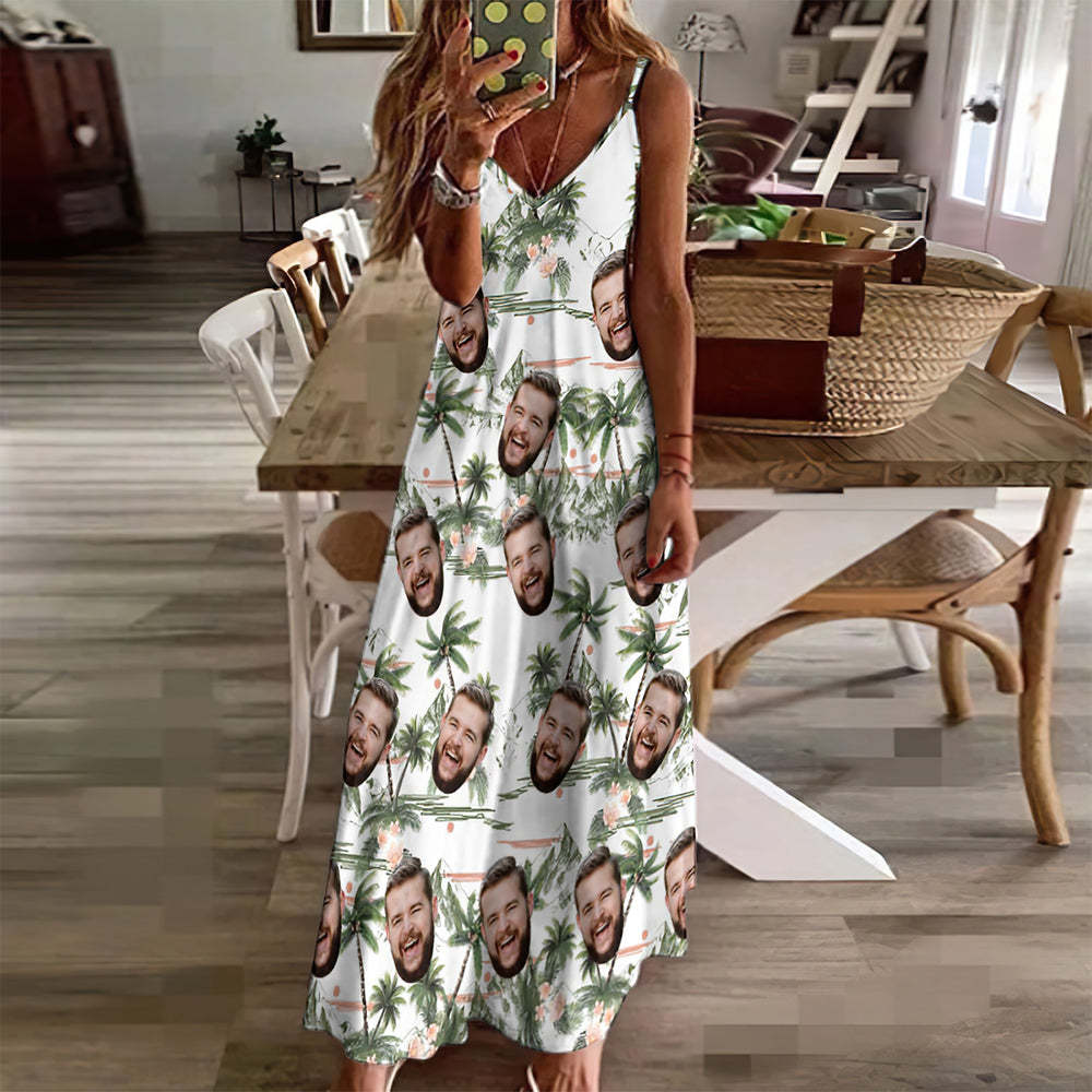 Custom Face Hawaiian Style Coconut Tree Long Dress And Shirt Couple Outfit - MyFaceSocks