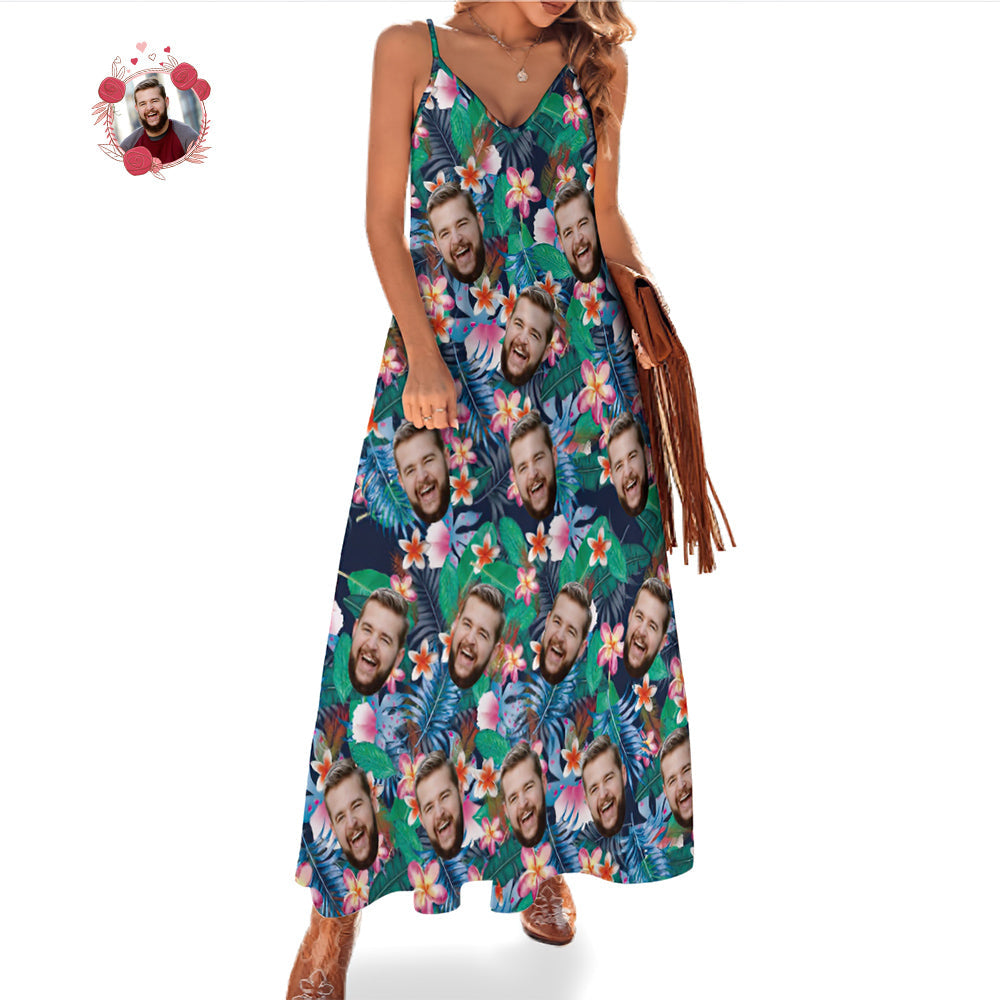 Custom Face Hawaiian Style Couple Outfit Colorful Flowers Long Dress And Shirt Family Matching