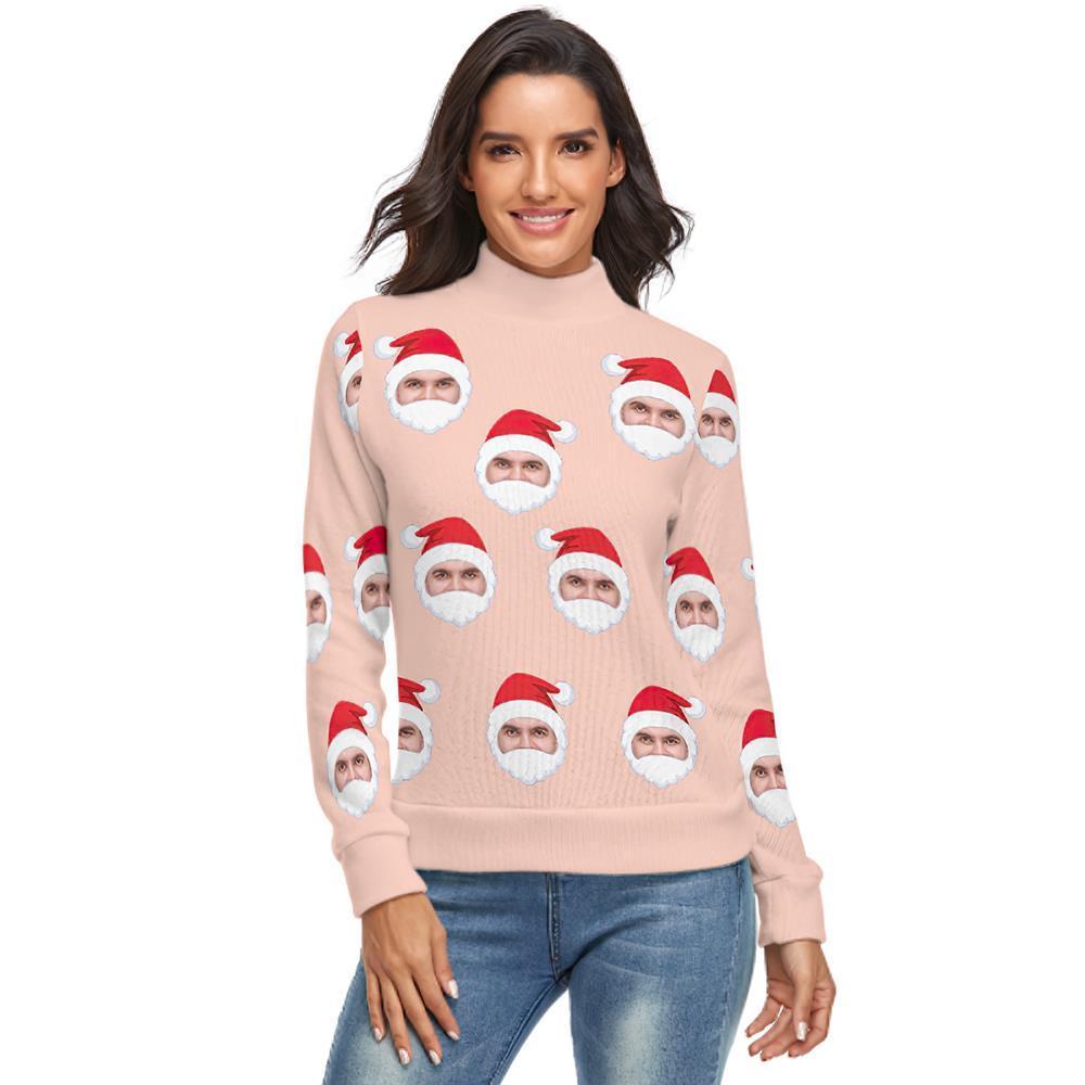 Custom Face Turtleneck for Women Ugly Christmas Sweater Knitted Loose Pullovers - Santa Claus - MyFaceSocksUK