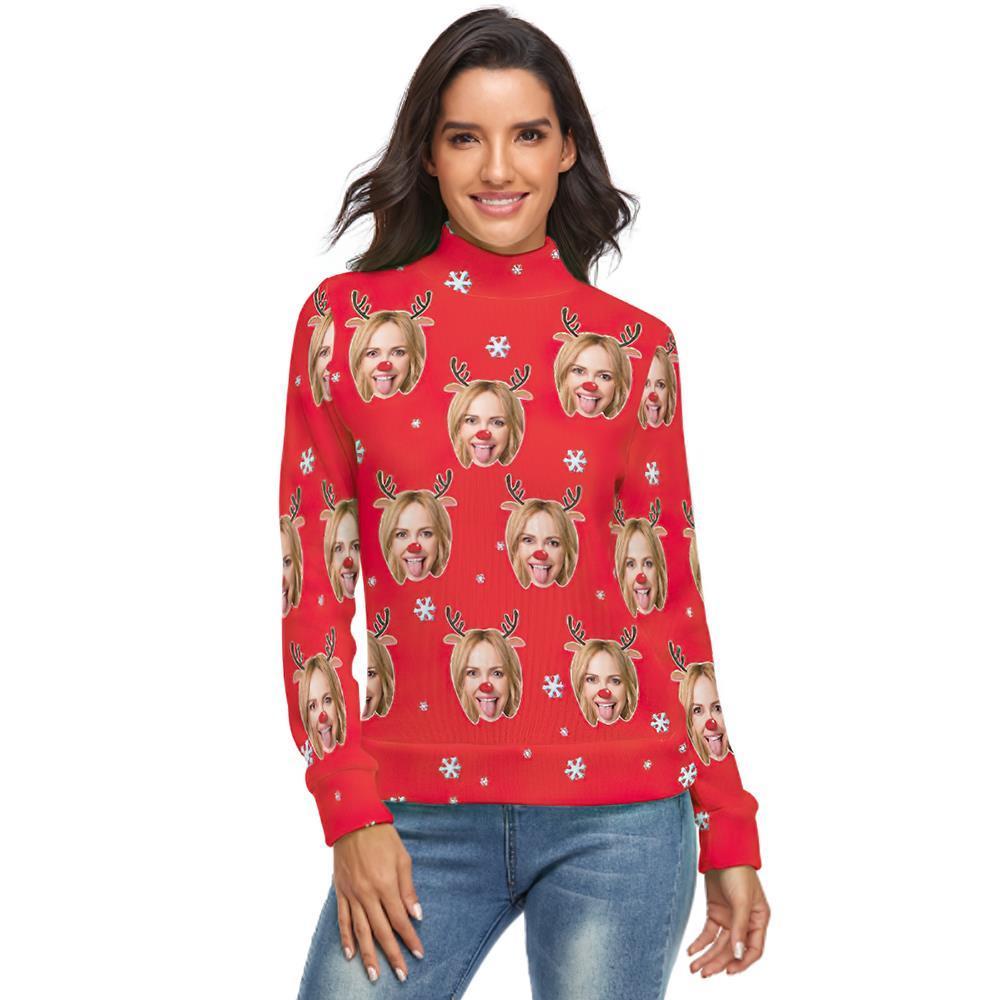 Custom Face Turtleneck for Women Ugly Christmas Sweater Knitted Loose Pullovers - Reindeer - MyFaceSocksUK