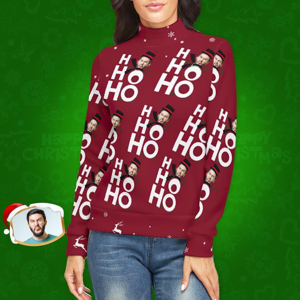 Custom Face Turtleneck for Women Ugly Christmas Sweater Knitted Loose Pullovers - Ho Ho Ho - MyFaceSocksUK