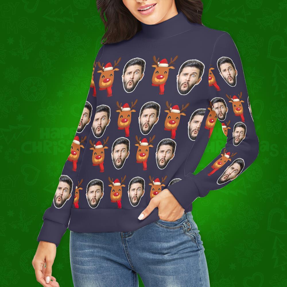 Custom Face Turtleneck for Women Ugly Christmas Sweater Knitted Loose Pullovers - Christmas Rudolph - MyFaceSocksUK
