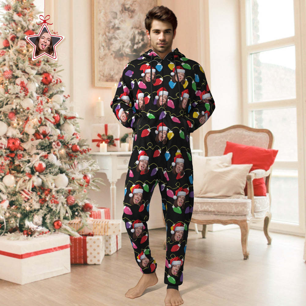 Custom Face Christmas Lights Printed Flannel Fleece Onesie Pajamas Personalized Face Jumpsuit Homewear Christmas Gift - MyFaceSocksUK